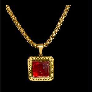 FASHION JEWELRY NECKLACE & EARRINGS SET GOLD COLOR STAINLESS STEEL RED PENDANT
